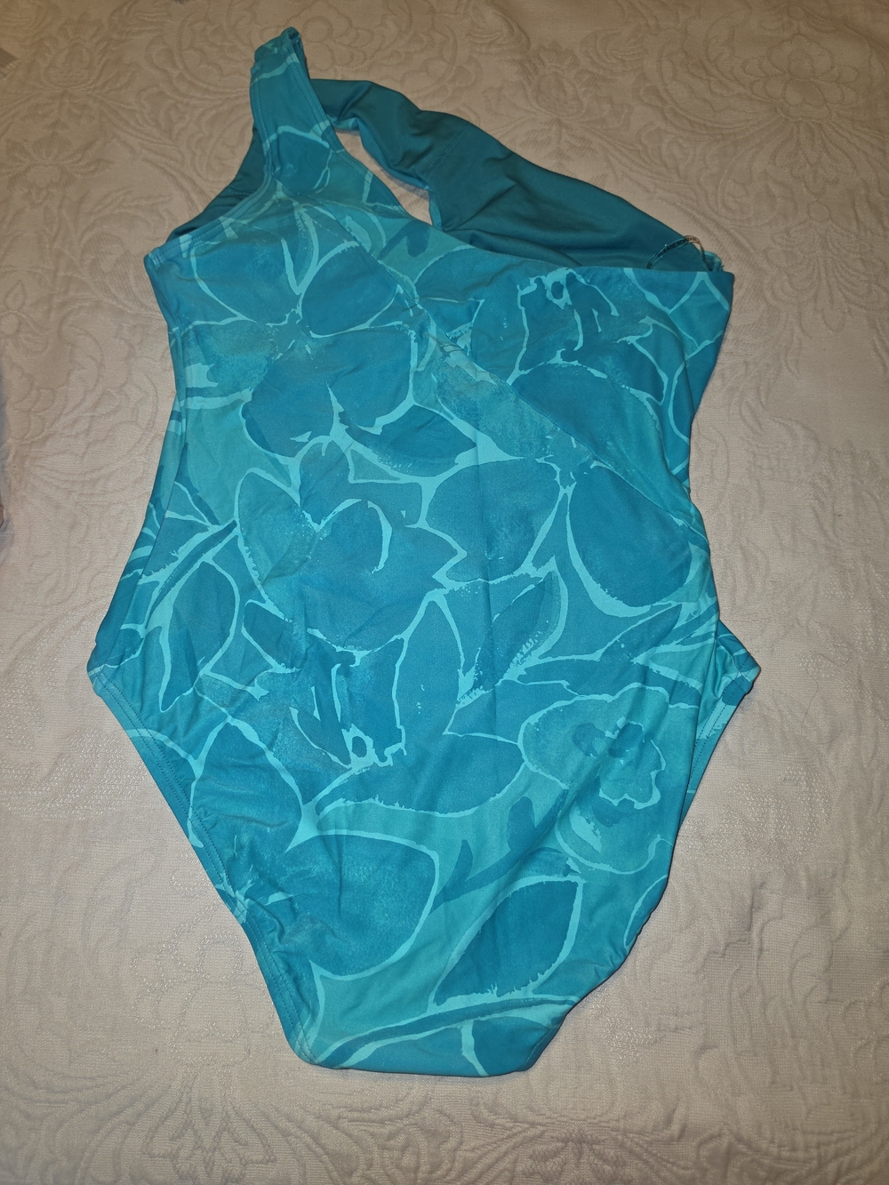 Carmen Marc Valvo Teal Floral One-Shoulder One-Piece Swimsuit